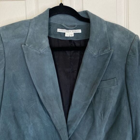 VERONICA BEARD Long and Lean Lamb Leather Blazer Jacket Size 10 Blue Suede - Picture 6 of 13